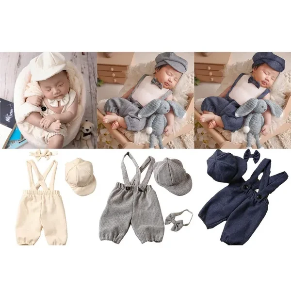 Baby Photography Props Gentleman Uniform Peaked Cap Overalls Photo Outfit Newborns Photo Clothes Infant Posing Suit 3Pcs XUF