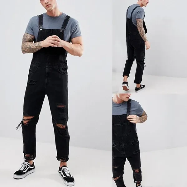 Autumn polyester Men Overalls Vintage Solid Button Denim Jeans