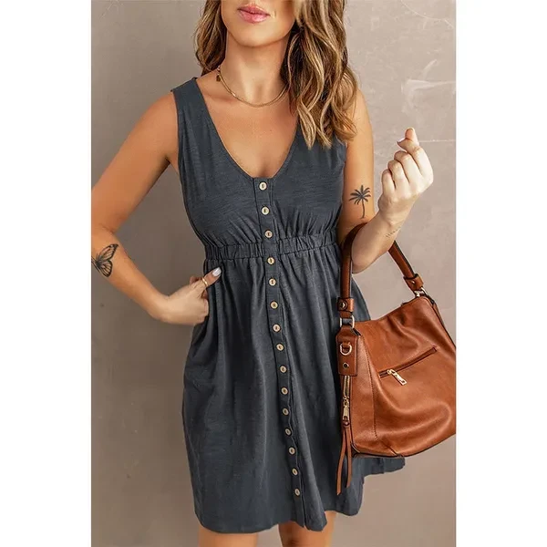 Fashion Womens Casual Sleeveless Button Down Elastic Waist Swing Loose Plain Short Dresses Plus Size Tank Tops Dresses