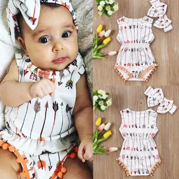 Newborn Toddler Baby Girls Cotton Arrow Bodysuit Romper Jumpsuit Outfit Clothes