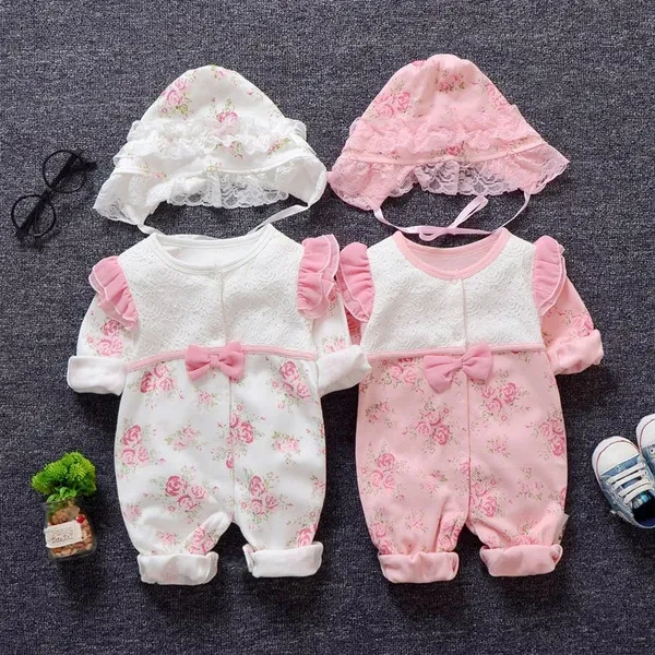 Princess Floral Lace Newborn Baby Girl Clothes Spring Autunm Long Sleeve Jumpsuits + Hats