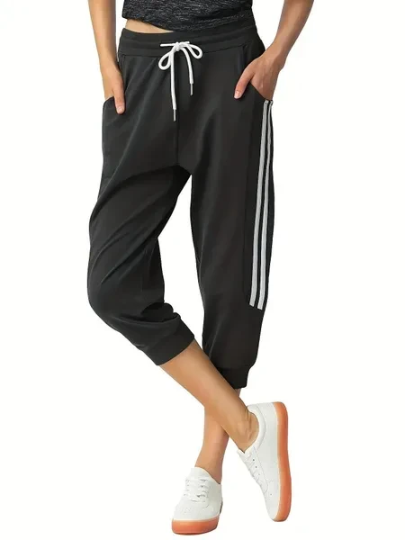 Women's Athletic Capri Pants, Casual Sports Running Yoga Fitness, White Stripes, Leisure Active Wear