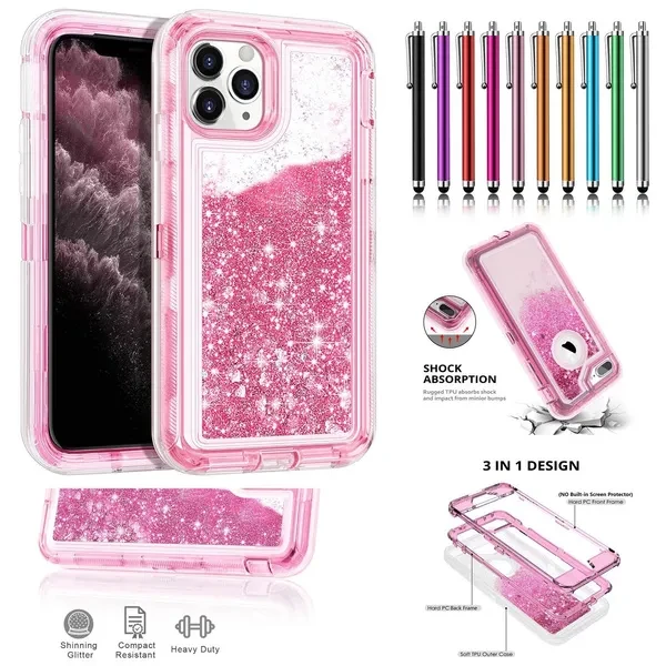 3 in 1 Hybrid Heavy Duty Defender Case Sparkly Floating Liquid Glitter Protective Hard Shell Shockproof TPU Cover for iPhone 6/7/8/6 Plus/6S Plus/7 Plus/8 Plus/X/XS/XR/XS Max/11/11 Pro/11 Pro