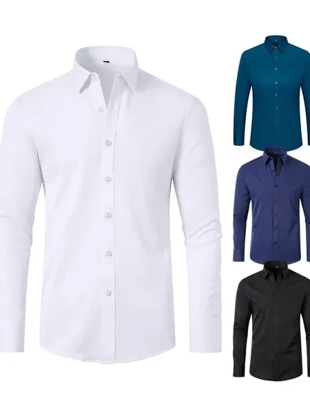 Mens Non Iron Elastic Shirts Formal Long Sleeves Button Down Casual Dress Shirts