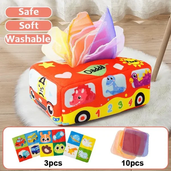 Montessori Toys for Baby 0-18 Months Infant Toddlers Tissue Box Colorful Soft Sensory Toy Untearable Tissues for T