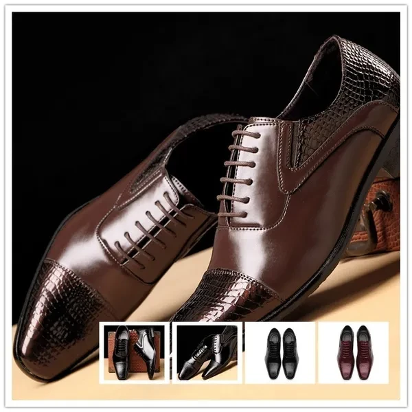 New Leather Shoes Embossed Men's Shoes 2020 Men's Shoes Square Head Tie with Low-end Shoes