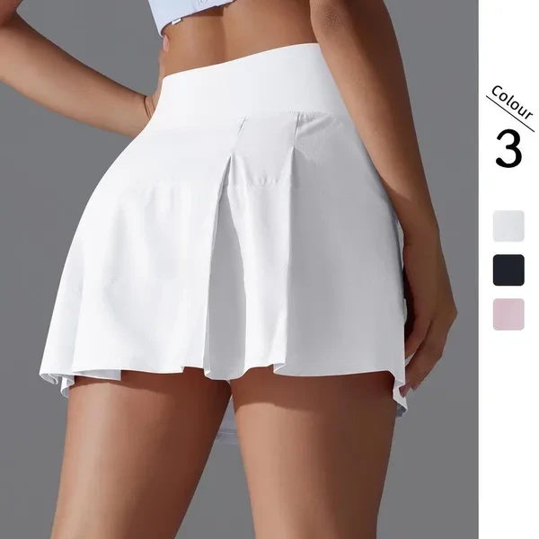 New Solid Color Double-Sided Nylon Tight High Waist Fake Two-Piece Tennis Sports Skirt Running Fitness Yoga Shorts Women
