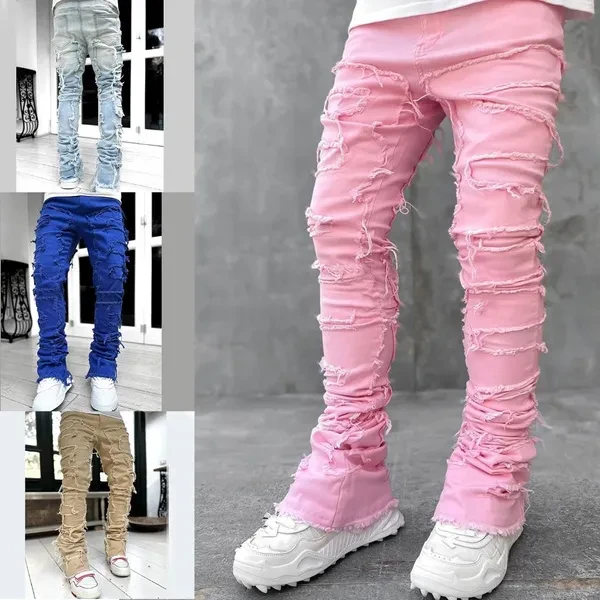 1pc Men's Distressed Ripped Patches Jeans Straight Leg Fit Elastic Denims Pants Hiphop Stretchy Jean Trousers Gifts ACR