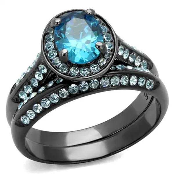 2.65 Ct Sea Blue Cz Halo Gray Stainless Steel Wedding Ring Set Women's Size 5-10
