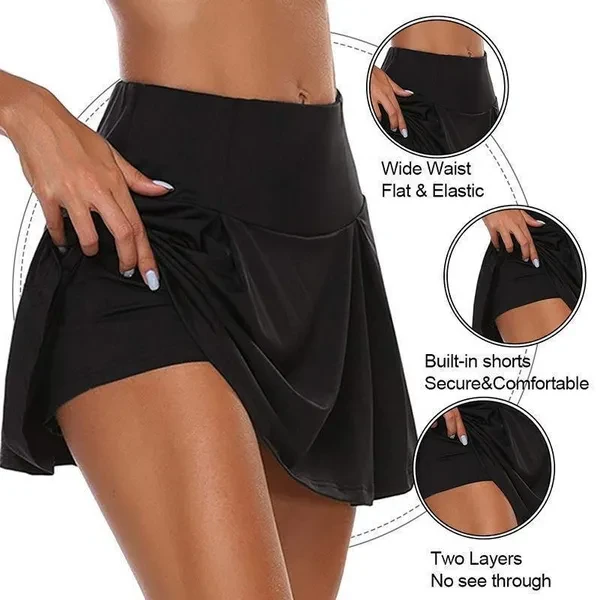 Summer New Women Sports Tennis Dance Fitness Shorts and Skirts Quick Drying Solid Female Tennis Running Athletic Workout Skirt with Shorts Yoga Fitness Skirts