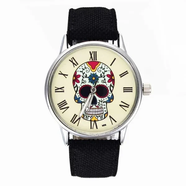Rose Flower Skull Skeleton Ghost Dial Women Men Fashion Jewelry Black White Canvas Band Deals Cheap Analog Quartz Wrist Watch