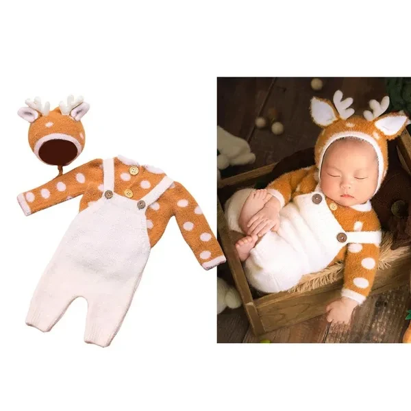 Newborn Baby Photography Outfit Christmas Themed Deer Costume Knit Suspenders Pants and Dot Top with Antler Hat