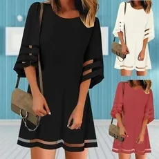 Summer Casual Womens Short Sleeves Round Neck Flared Sleeves Dresses Solid Color Loose Dresses Short Dresses Plus Size