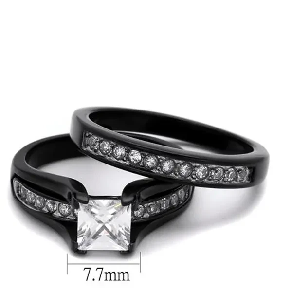 Her & His 3pc Black Stainless Steel Engagement Wedding Ring Set & Titanium Band