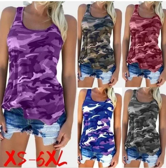 (S-5XL) Women Summer Fashion Print Top Casual Army Camo Camouflage Tank Top Sleeveless O-neck Slim T-Shirts Plus Size