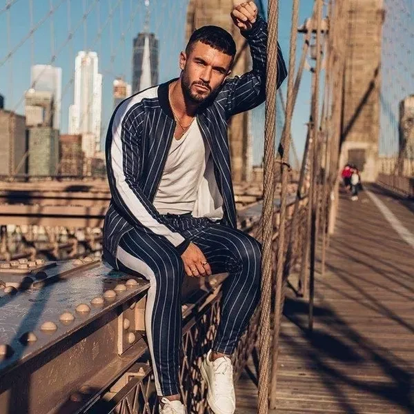Fashion Mens Striped Tracksuit Jogging Suit Casual Sport Wear