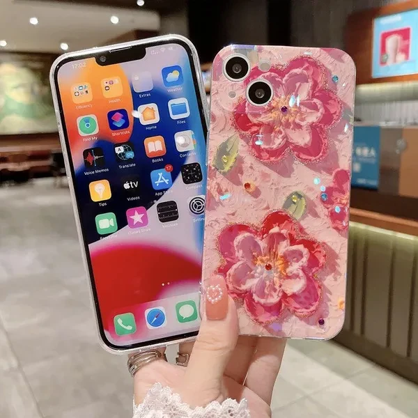 CaseforiPhone 16 15 14 13 12 11 ProMax X XR XS Max 8 7 Plus SE3 SE2 Series Fashion Women Phone Case Good-looking Flower Case for Women Lady Phone Covers IMD Technology Oil Painting Pink Flowers Patter