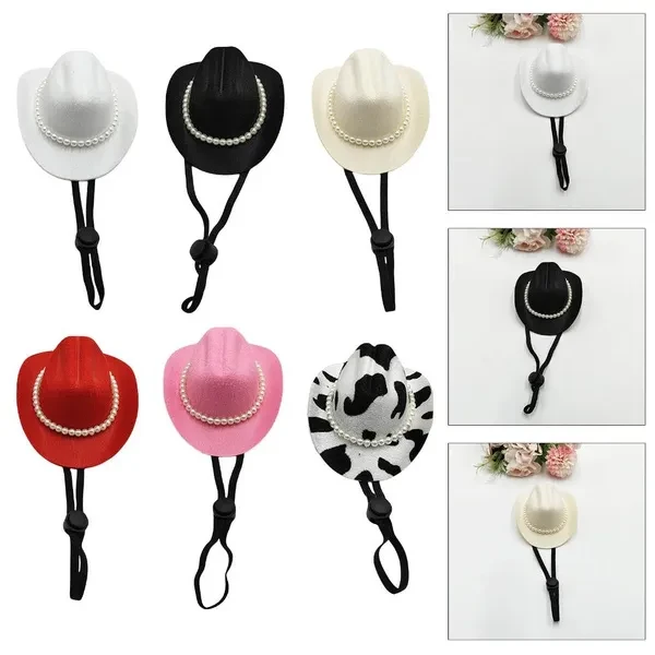 Halloween Pet Costume Hat for Dog Cats Elegant Cowboy Hat Headwear Pet Birthday Supply Dog Hat with Pearls Chain