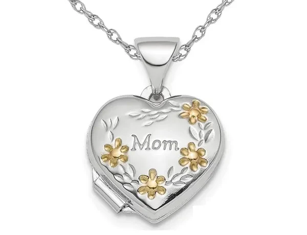 Sterling Silver Mom Heart Flower Locket with Chain