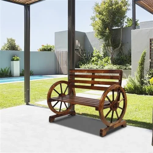 2-Person Patio Garden Wooden Wagon Wheel Bench Rustic Wood Design Outdoor Furniture