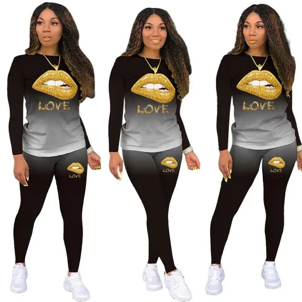 2022 New Trendy Two-Piece Set Fashion Women Sweatshirts Set Gold Love Lip Printed Sports Suit for Women's Clothing Plus Size