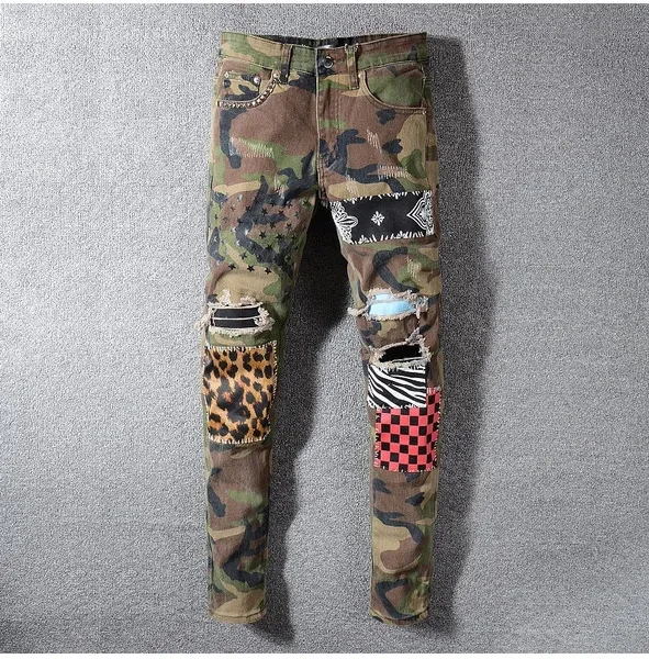 Men's Camouflage Leopard Patchwork Stars Printed Jeans Slim Rivet Holes Ripped Stretch Denim Pants Plaid Trousers