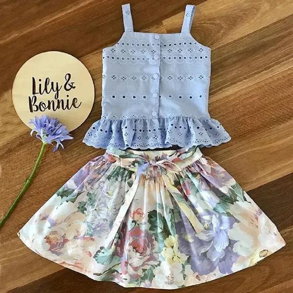 Summer Toddler Kids Baby Girl Strap Ruffle Tops Flower Print Skirt 2PCS Clothes Set 0-5 Years