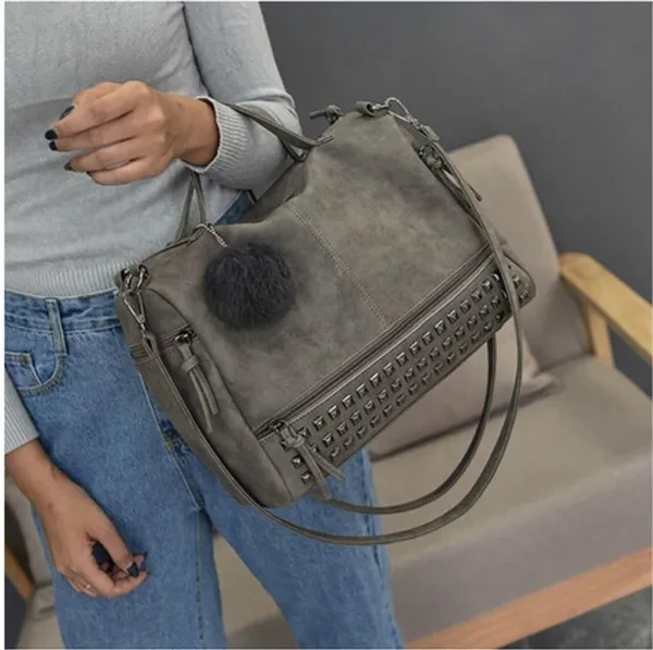 Women Fashion Pu Leather Studs Ball Pendant Shoulder Crossbody Handbag Casual Totes Bags