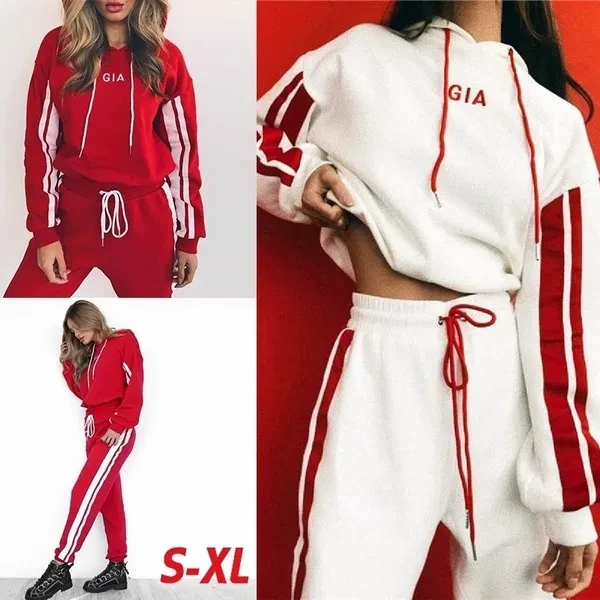 2 Piece Set Women Tracksuit Sportswear Casual White Red Sweat Pants Hooded Cropped Sweatshirt Hoodie