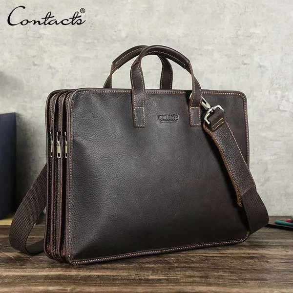 CONTACT'S Genuine Leather Briefcase for 15.6 inch Computer Bag Shoulder Messenger Bag Laptop Bags Business Handbag