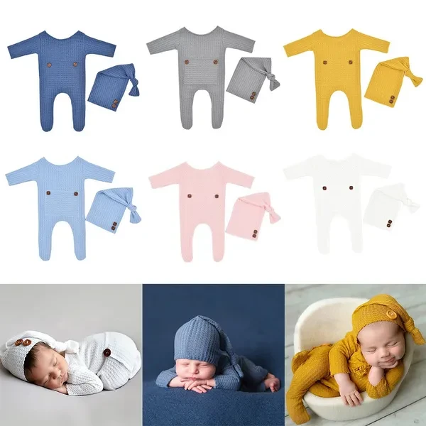 2 Pcs/Set Baby Hat Romper Newborn Photography Props Knitted Jumpsuit Long Tail Cap Kit Infants Photo Shooting Clothing Outfits KIK