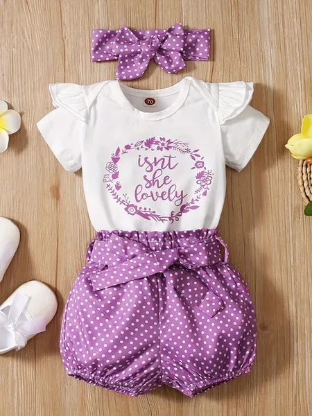 3pcs Baby Girls Cute Short Sleeve Ruffle Trim Onesie & Polka Dot Belted Shorts & Headband Set, Cotton Casual Clothes