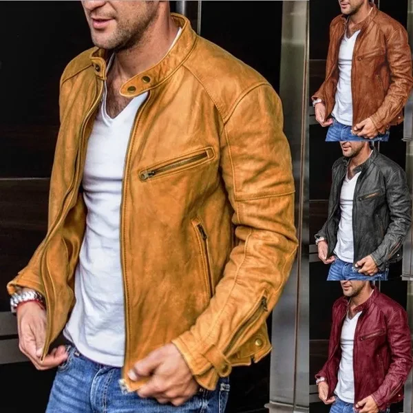 Men’s Autumn and Winter Men’s PU Leather Jacket for Young Men’s Stand-up Punk Motorcycle Leather Jacket