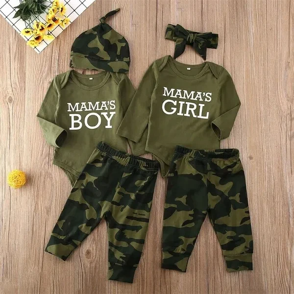 3PCS Newborn Baby Boy Girls Romper Bodysuit Top & Pants &Hat / Headband Camouflage Outfits Clothes 0-12M