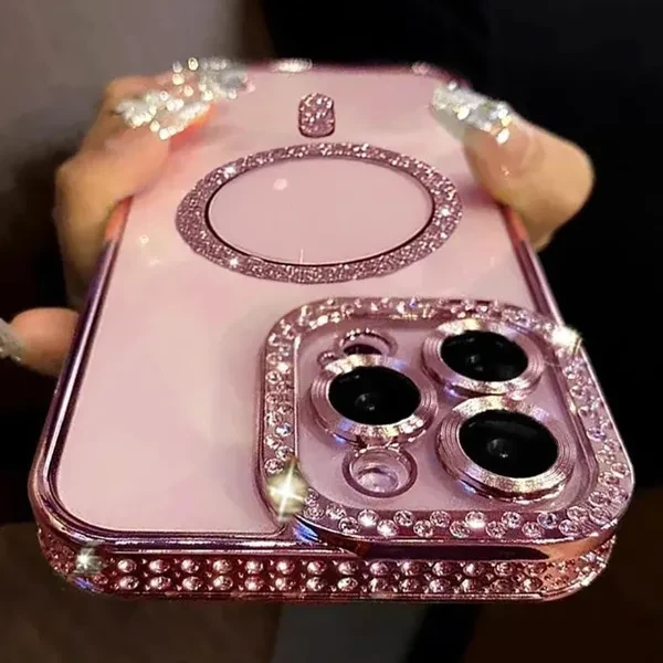 Bling Glitter Rhinestone Magnetic Wireless Charge Case For iPhone 16 15 14 13 12 11 Pro Max Plus Shockproof Pink Jewelled Cover