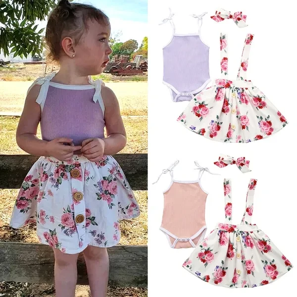 3PCS Newborn Infant Baby Girl Summer Princess Tops Romper Bib Skirt Dress Headband Outfits Clothes