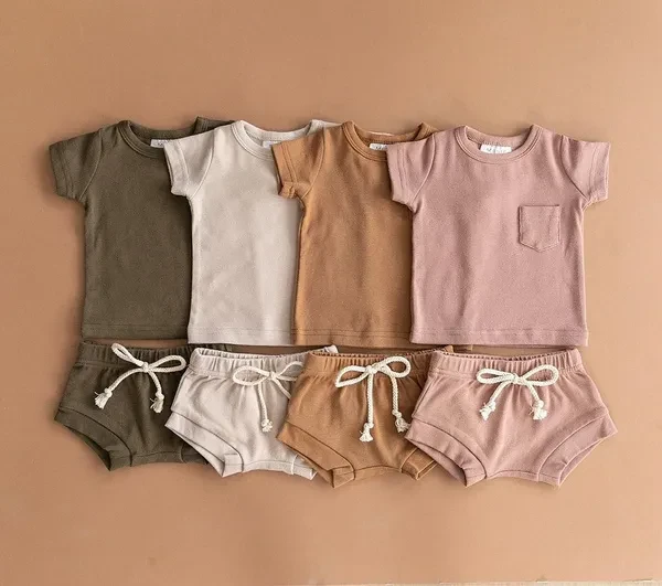 Kids Baby girls Clothes Short sleeve T shirts Tops drawstring elastic waist shorts outfits set