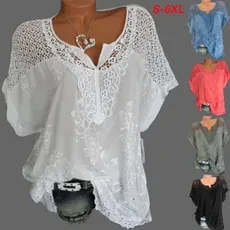 Women Fashion Loose Lace Blouse V Neck Bat Sleeves T Shirt Hollow Out Tops Plus Size