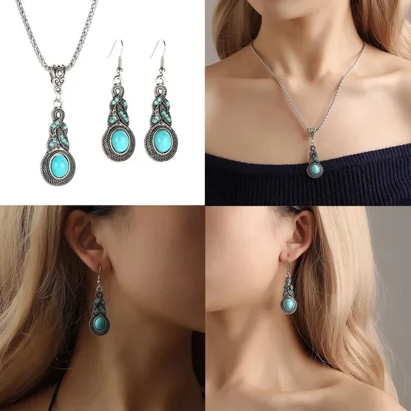 Fashion Tibetan Silver Turquoise Earrings Necklace Women Blue Stone Jewelry Set