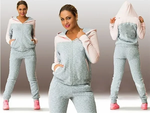 New 2 Piece Set for Women Fall Winter Hooded Sweatshirts with Zipper Female Patchwork Jogging Suit Sport Hoodies Set