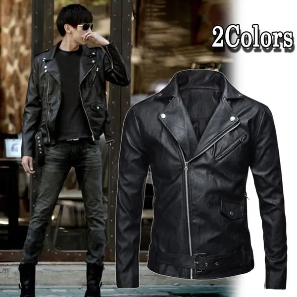 Men's Autumn Leather Jacket Slim Fit Motorcycle Jacket Zipper Casual Coat