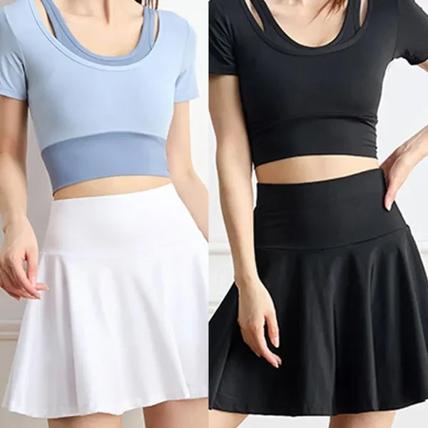 Womens Tennis Golfs Skirt Elastic High Waist Solid Color Athletic Skorts with Inner Shorts for Sports Running