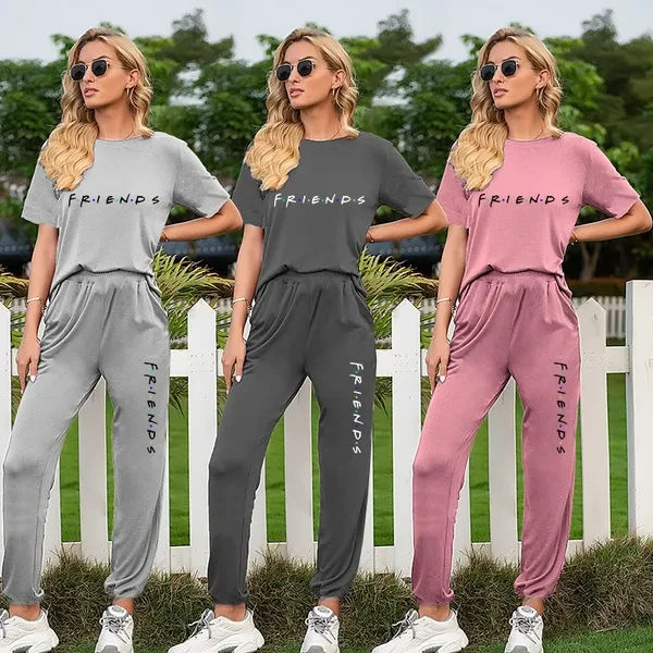 Friends New Trending Women Sports Suits Two Pieces Suits Lady Short Sleeve Sports Suits Fashion Sweatshirts Long Pants Jogging Suits