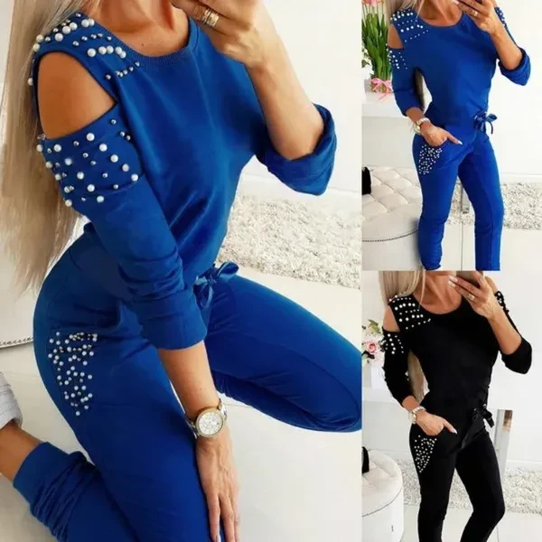 Women Ladies 2Pcs Tracksuit Set Loungewear Off Shoulder Bead T-shirt Tops Pants