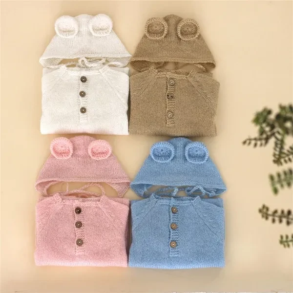 Baby Photo Shooting Props Costume Bear Ear Hat & Footed Jumpsuit Set Newborn Photo Props Infant Photography Outfit 2PCS BAB