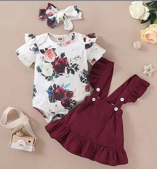 Newly Toddler Baby Girls Clothes Sets Flowers Print Short Sleeve Romper Tops+Bib Strap Dress Headband 0-24M