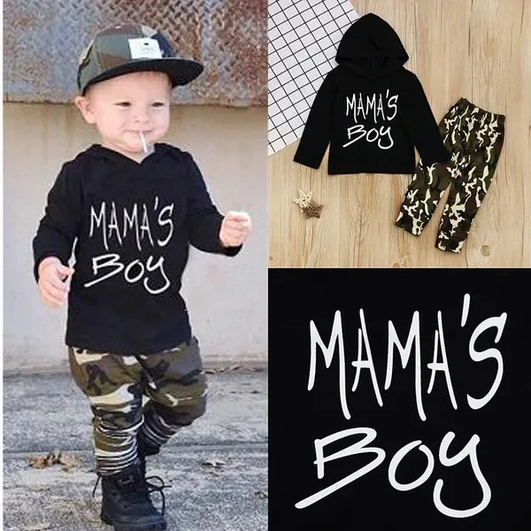 2Pcs Toddler Kids Boy Camouflage Clothes Mama's Boy Letter Print Hoodie Tops+Camo Pants Outfit Sets for 1-6 Years